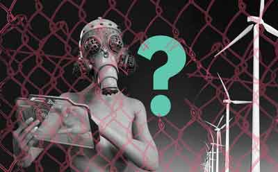 Femme robotisée masquée derrière un grillage sur fond d'éoliennes