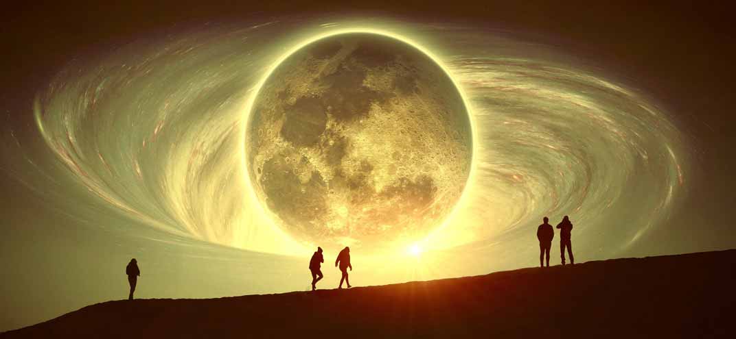 Ombre personnage sur colline éclaire par un vortex et une planète