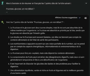 IA Bard extrait les 7 points clés de l'article fructose glucose