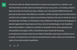 Copie d'écran du résumé par IA ChatGPT de l'article fructose glucose