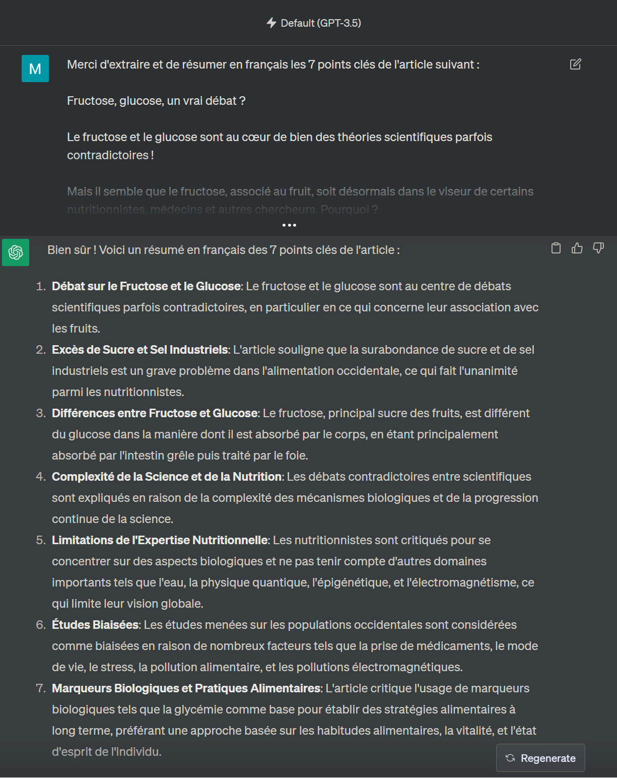 Copie d'écran ia ChatGPT pour résumé des 7 clés d'un article fructose, glucose