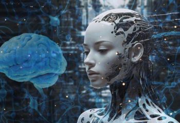 Cerveau et robot sur fond de connexion naturelle et numérique, intelligence artificielle