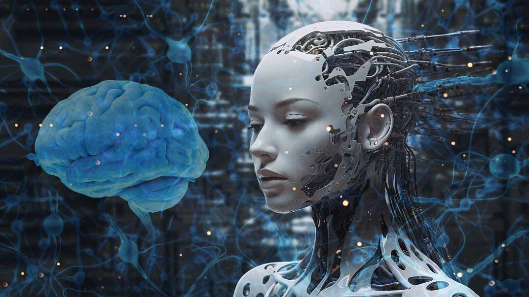 Cerveau et robot sur fond de connexion naturelle et numérique, intelligence artificielle