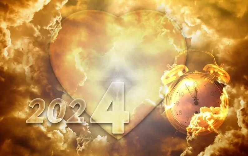 Nuages filtrant la lumière au centre un coeur et un réveil pour symboliser 2024