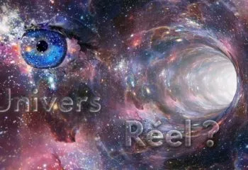 Oeil qui regarde un vortex de lumière dans l'univers. Avec la mention Réel