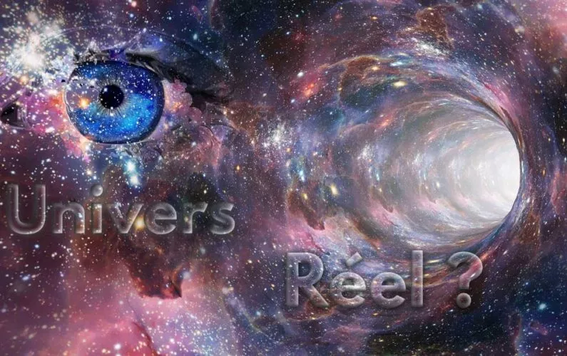 Oeil qui regarde un vortex de lumière dans l'univers. Avec la mention Réel