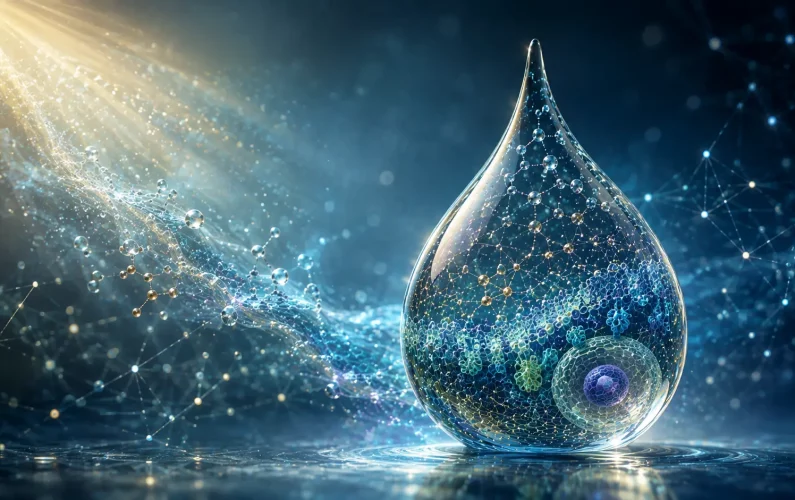 Goutte d'eau qui est le reflet d'une organisation et d'une configuration dynamique révélées par la lumière
