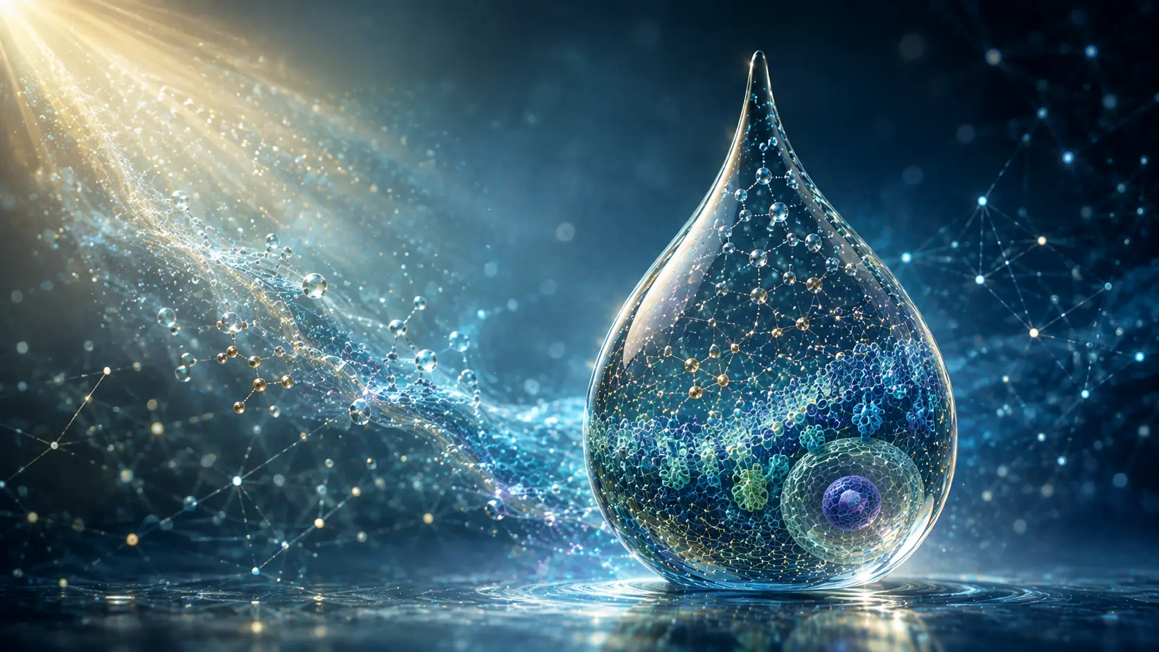 Goutte d'eau qui est le reflet d'une organisation et d'une configuration dynamique révélées par la lumière