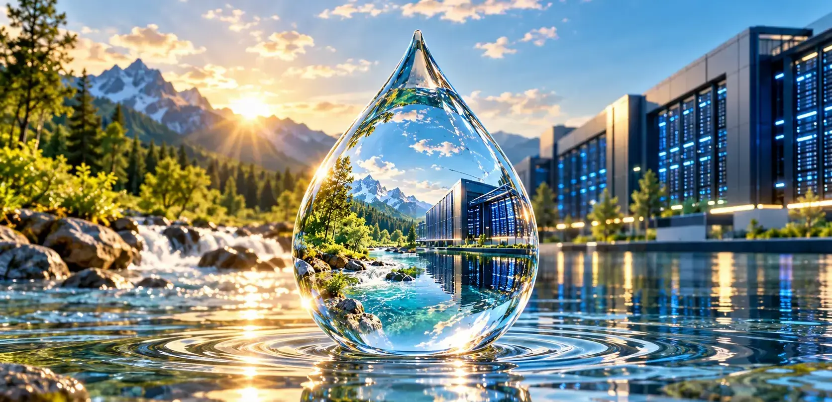 Goutte d'eau jouxtant la nature et des datas centers IA