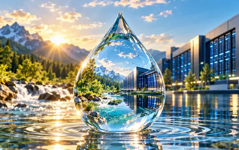 Goutte d'eau jouxtant la nature et des datas centers IA